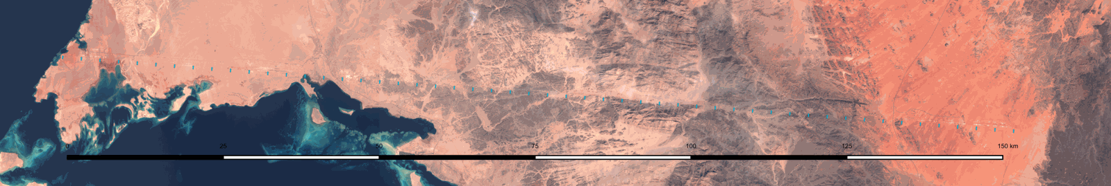 The Line の掘削跡(サウジアラビア NEOM、2022年10月、Sentinel-2 衛星画像のモザイク)